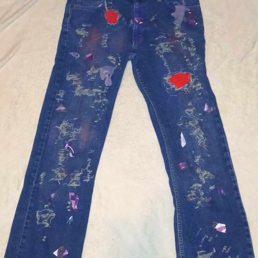 Mens Factory Distressed Paint Splatter Jeans